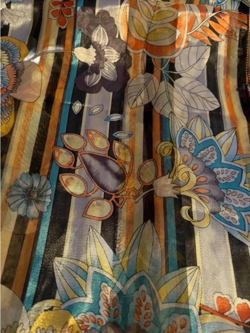 Floral Stripe Scarf in Teal, Orange, Yellow Brown Tan Cream